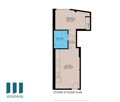 A floor plan of a studio apartment with a bathroom, living room, kitchen/dining room, and a closet.